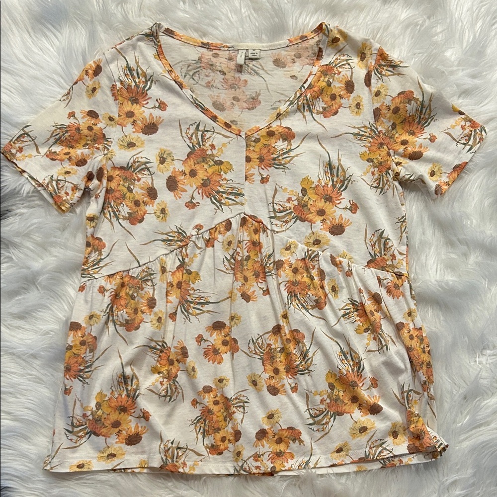 Cato Orange and Cream Floral Short Sleeve Top